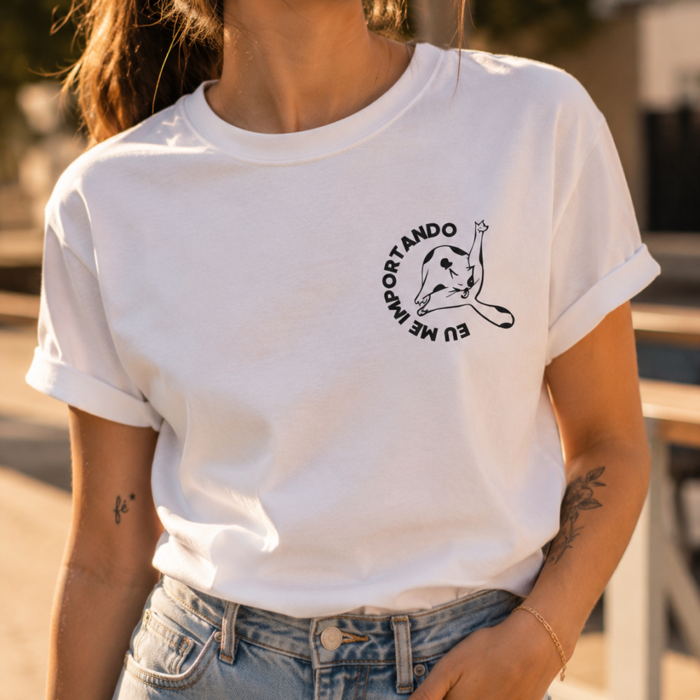 Camiseta 100% Algodão Estampa Gato Eu Me Importando Irônica