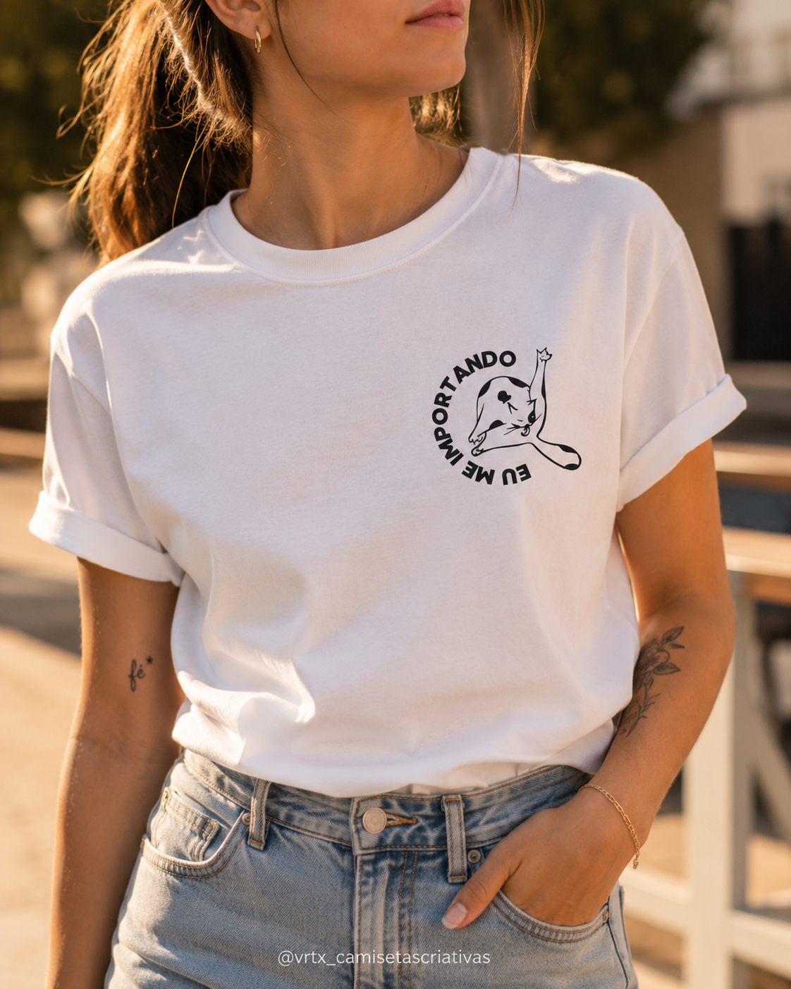 Camiseta 100% Algodão Estampa Gato Eu Me Importando Irônica