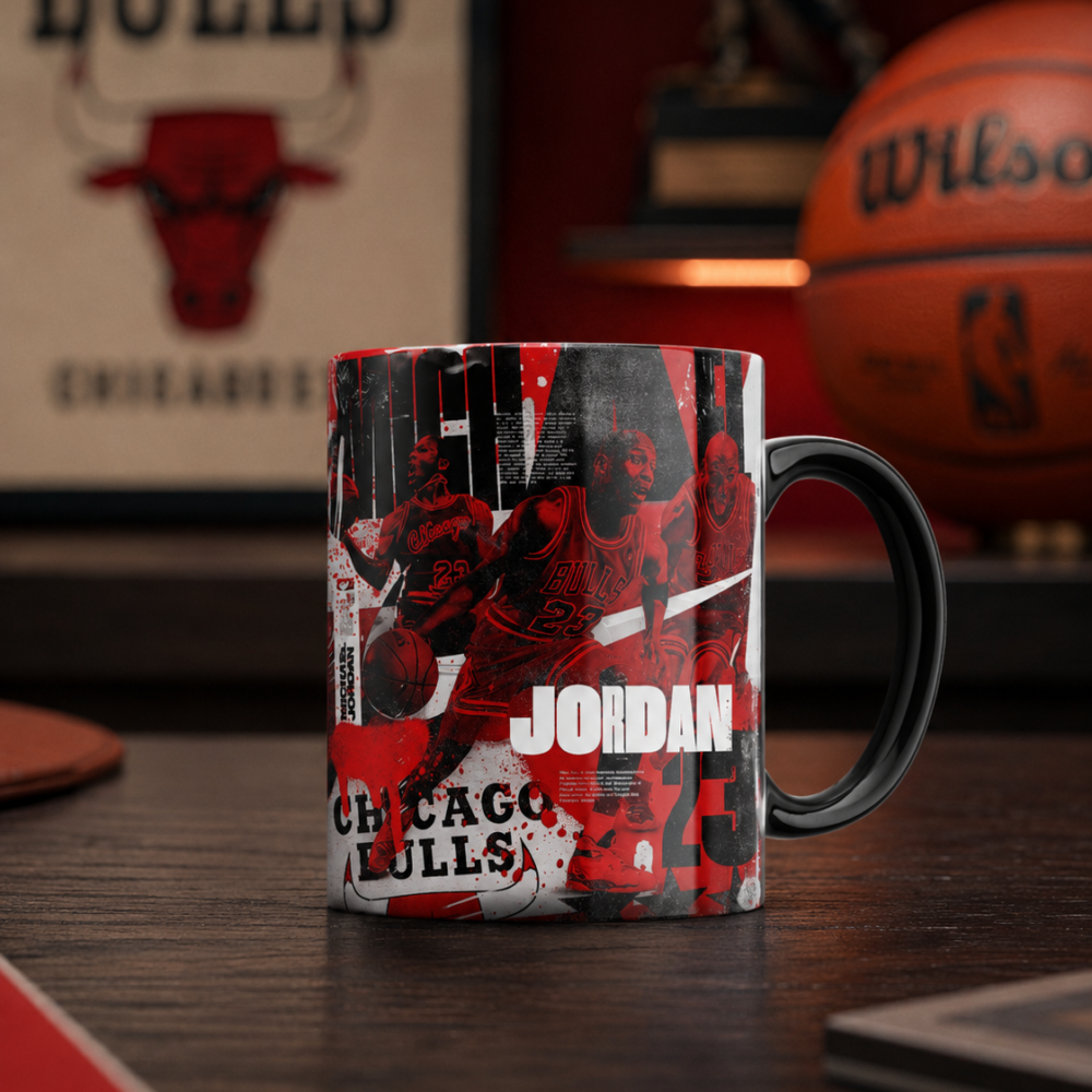 Caneca Porcelana Michael Jordan Chicago Bulls Alça Preta 325ml Cerâmica AAA