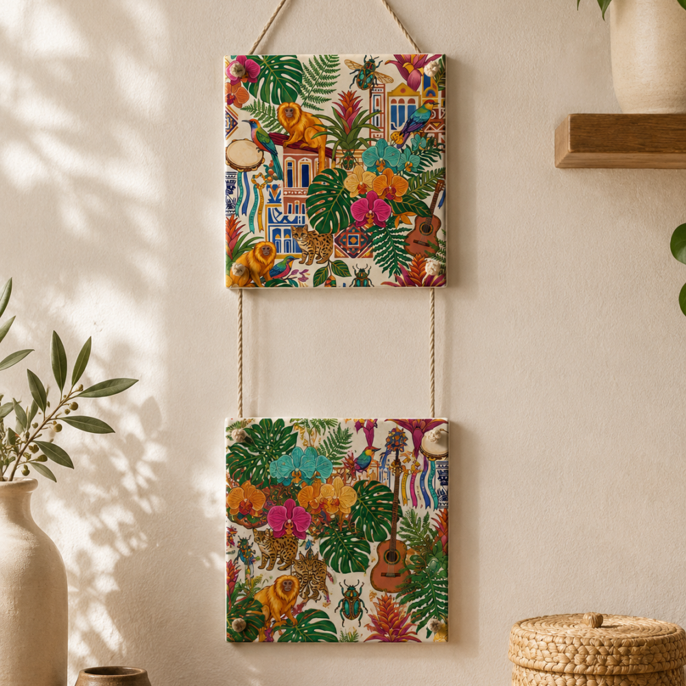 Azulejo Decorativo Duplo Cerâmica 15x15 Estampa Fauna e Flora Tropical