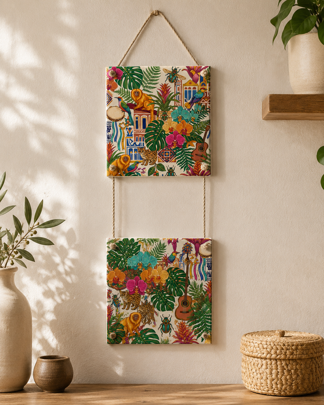 Azulejo Decorativo Duplo Cerâmica 15x15 Estampa Fauna e Flora Tropical