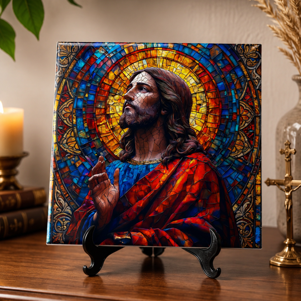 Azulejo Decorativo Jesus Cristo Estilo Vitral com Suporte