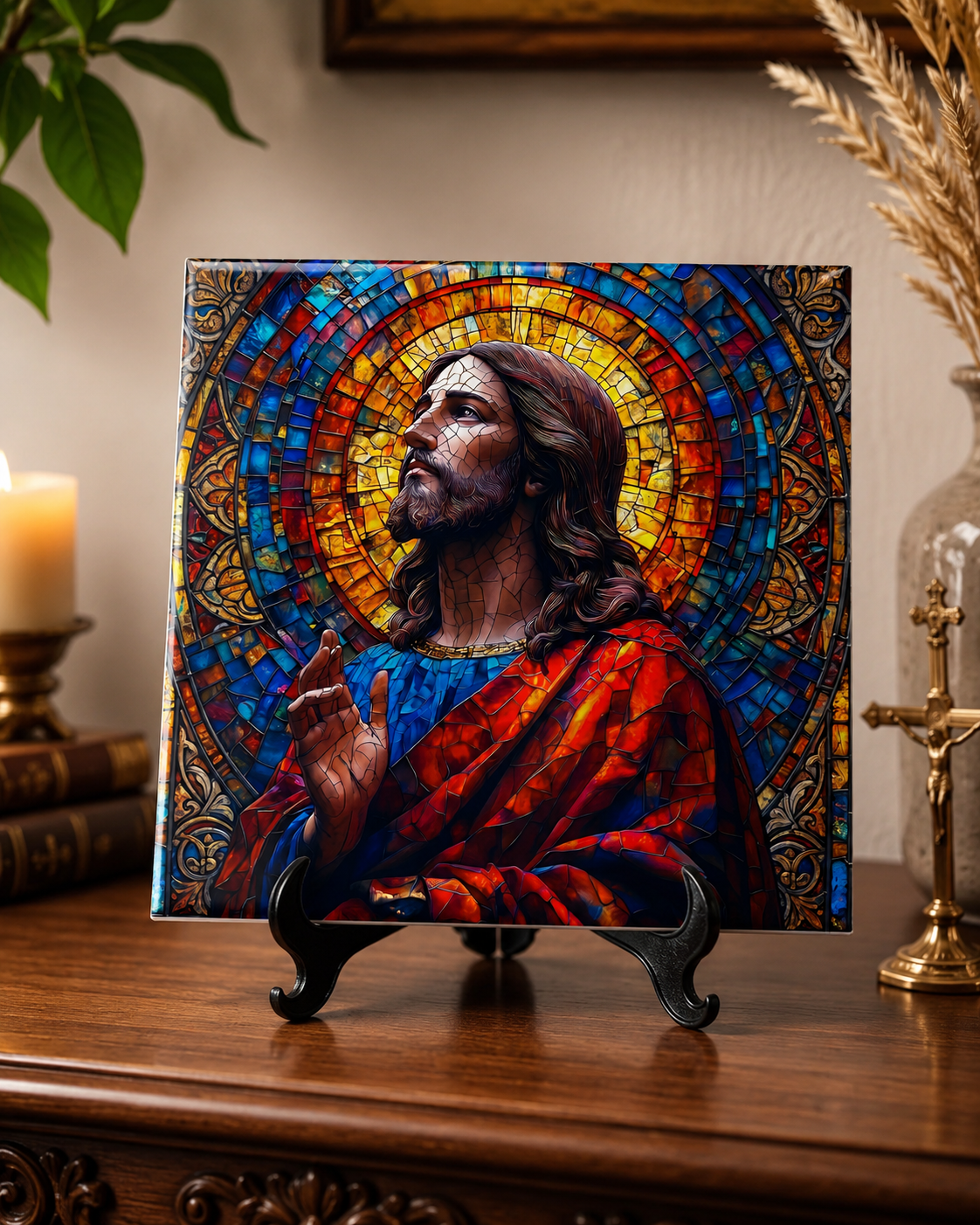 Azulejo Decorativo Jesus Cristo Estilo Vitral com Suporte