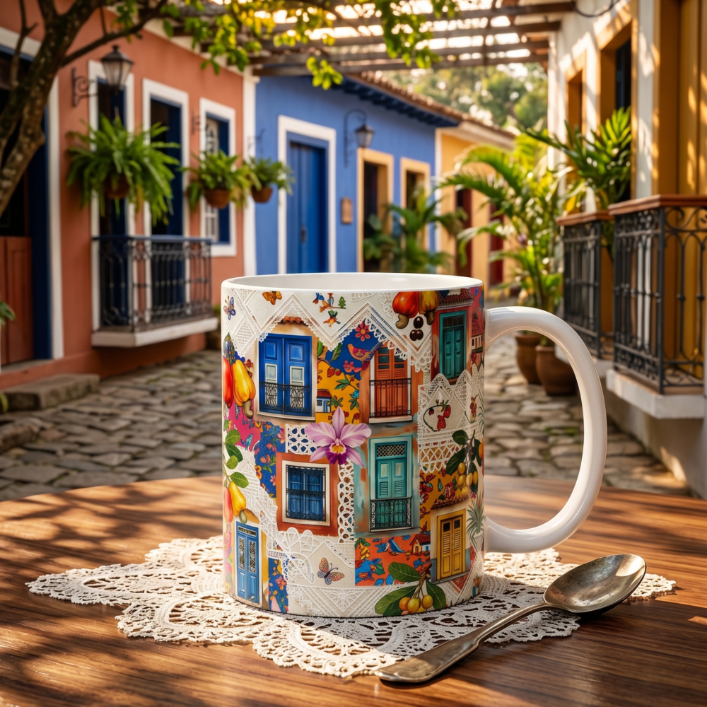 Caneca De Porcelana 325ml Janelas E Portas Do Brasil Litorâneo Colagem Artística