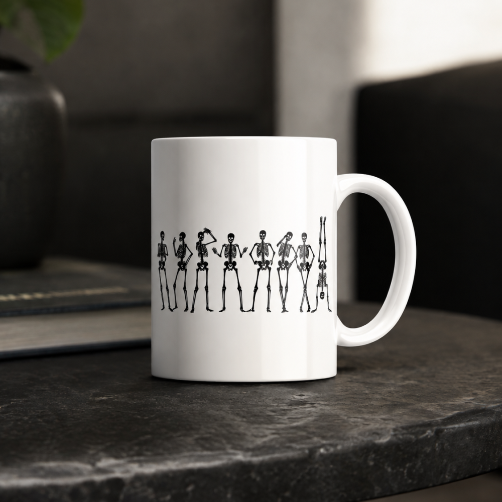Caneca Porcelana Esqueletos Dançando Divertida Alça Preta 325ml