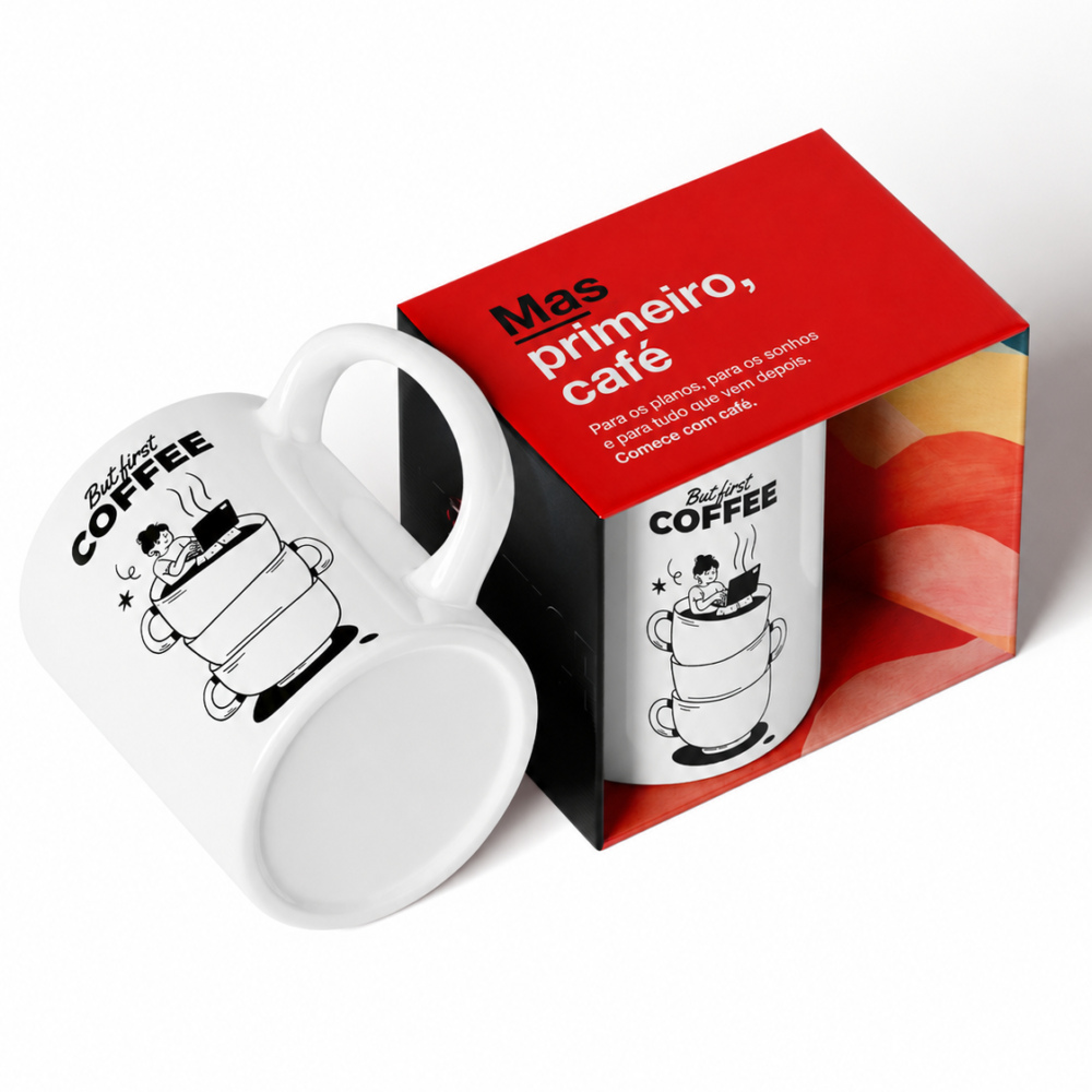 Caneca Porcelana Mas Primeiro Café But First Coffee Presente 325ml
