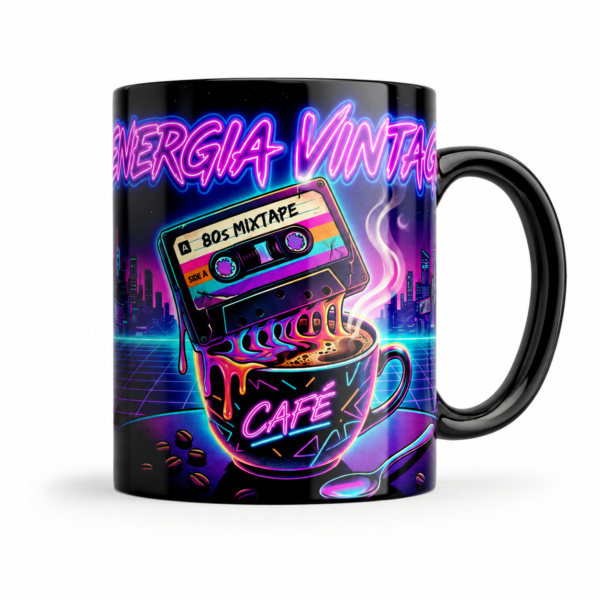 Caneca preta com estampa neon Energia Vintage Café