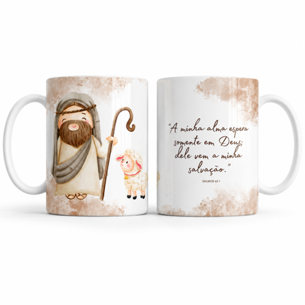 Caneca branca religiosa com arte de pastor e ovelhas