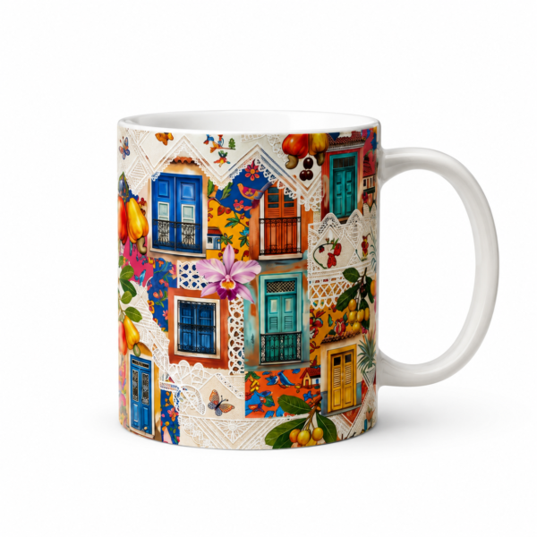 Caneca de Porcelana Janelas e Frutas Tropicais