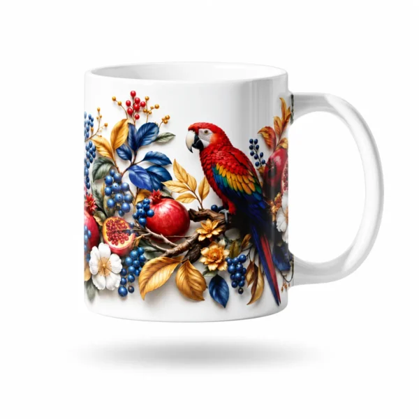 Caneca Arara e Flores Tropicais